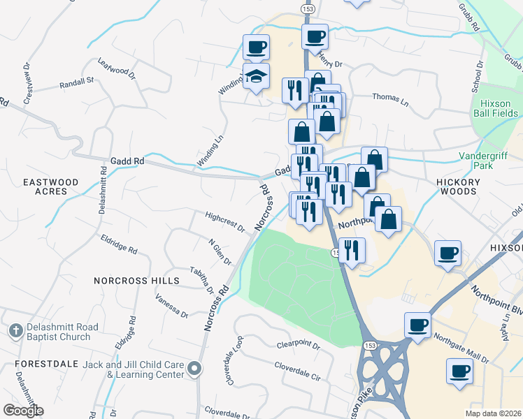 map of restaurants, bars, coffee shops, grocery stores, and more near 4731 Norcross Road in Chattanooga