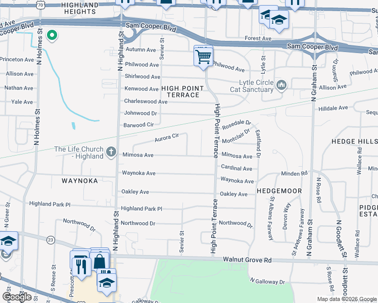 map of restaurants, bars, coffee shops, grocery stores, and more near 3686 Mimosa Avenue in Memphis