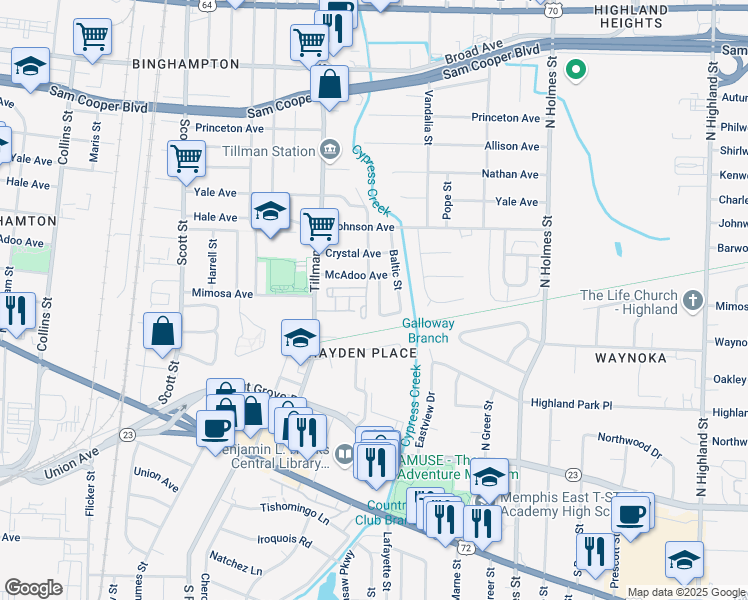 map of restaurants, bars, coffee shops, grocery stores, and more near 3052 Tillman Cove in Memphis