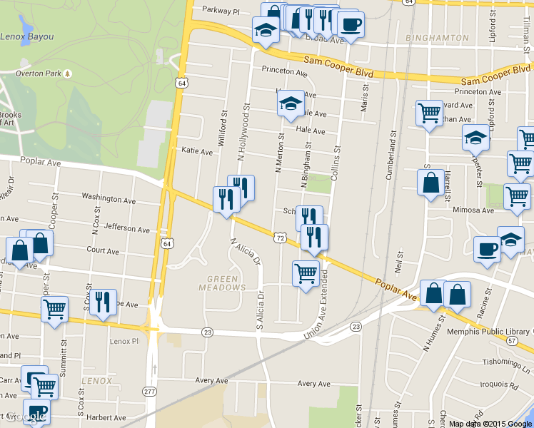 map of restaurants, bars, coffee shops, grocery stores, and more near 2504 Poplar Avenue in Memphis