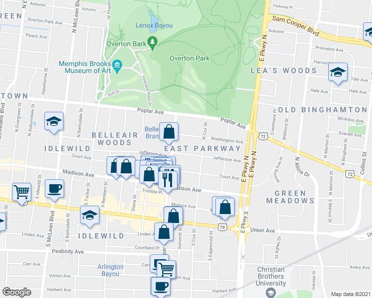 map of restaurants, bars, coffee shops, grocery stores, and more near 2190 Jefferson Avenue in Memphis