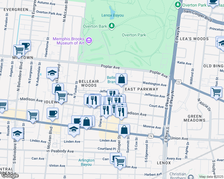map of restaurants, bars, coffee shops, grocery stores, and more near 2102 Jefferson Avenue in Memphis