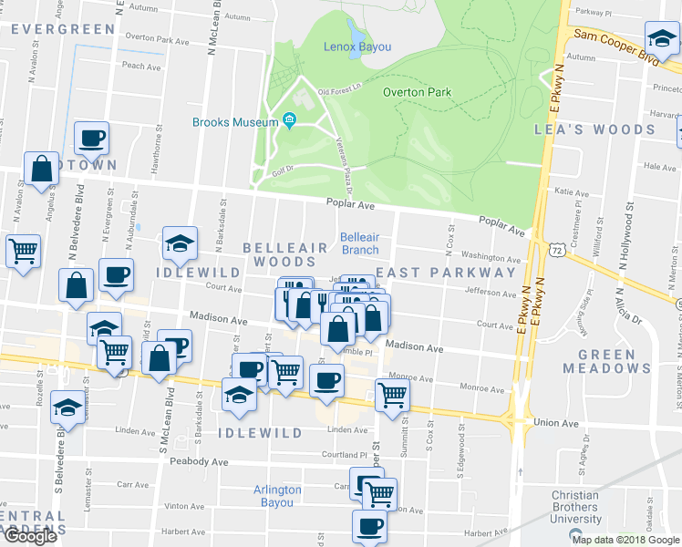 map of restaurants, bars, coffee shops, grocery stores, and more near 2059 Jefferson Avenue in Memphis