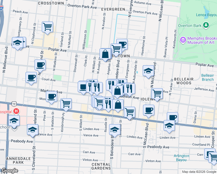 map of restaurants, bars, coffee shops, grocery stores, and more near 38 Angelus Street in Memphis