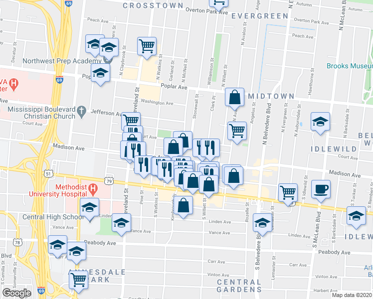 map of restaurants, bars, coffee shops, grocery stores, and more near 1472 Madison Avenue in Memphis