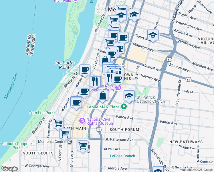 map of restaurants, bars, coffee shops, grocery stores, and more near in Memphis