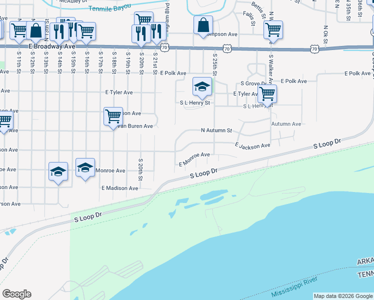 map of restaurants, bars, coffee shops, grocery stores, and more near 2308 East Monroe Avenue in West Memphis