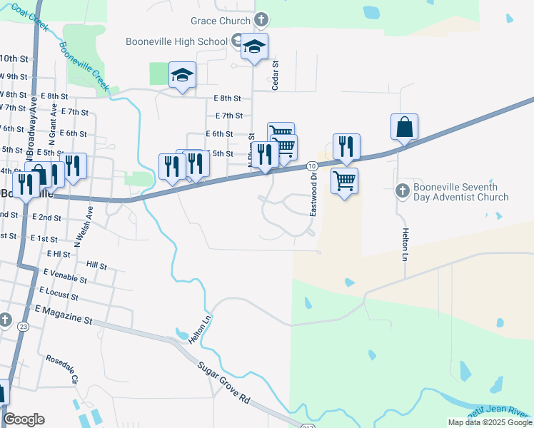 map of restaurants, bars, coffee shops, grocery stores, and more near 1125 Eastwood Drive in Booneville