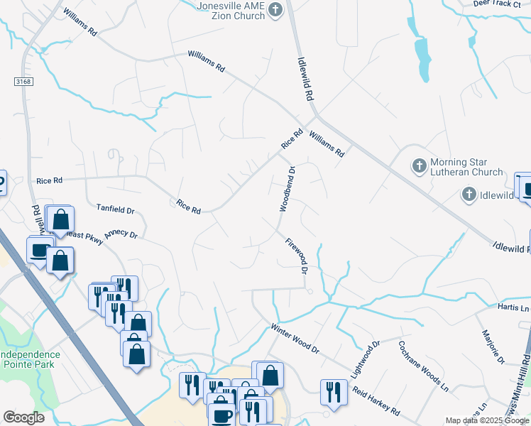 map of restaurants, bars, coffee shops, grocery stores, and more near 2805 Firewood Drive in Matthews