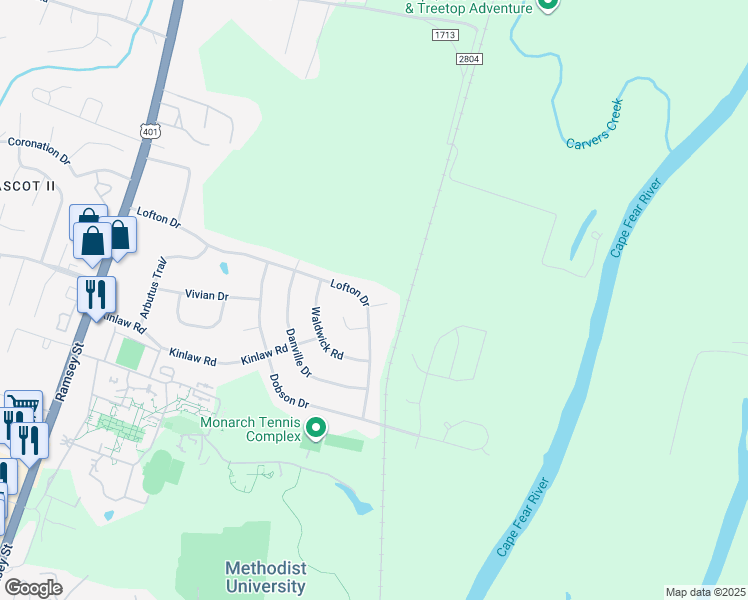 map of restaurants, bars, coffee shops, grocery stores, and more near 245 Lofton Drive in Fayetteville