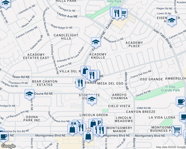 map of restaurants, bars, coffee shops, grocery stores, and more near 5300 Eubank Boulevard Northeast in Albuquerque