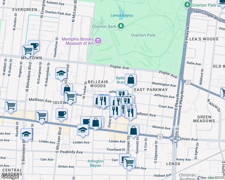 map of restaurants, bars, coffee shops, grocery stores, and more near 2059 Jefferson Avenue in Memphis