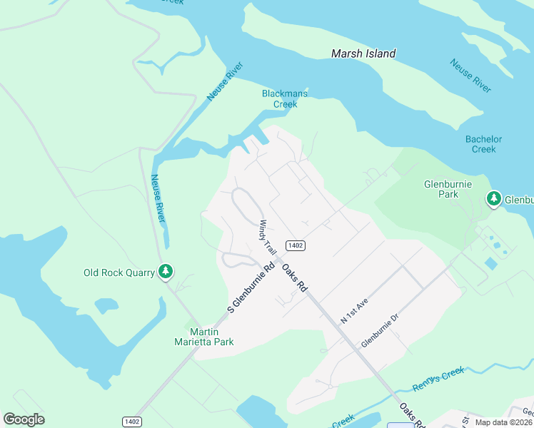 map of restaurants, bars, coffee shops, grocery stores, and more near 3614 Windy Trail in New Bern