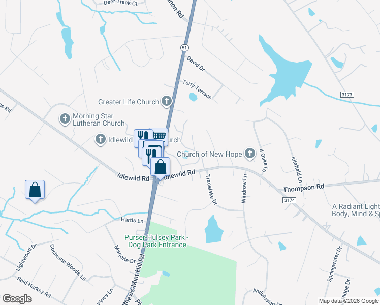 map of restaurants, bars, coffee shops, grocery stores, and more near 13339 Mint Lake Drive in Matthews