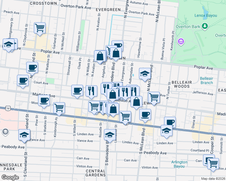 map of restaurants, bars, coffee shops, grocery stores, and more near 44 North Belvedere Boulevard in Memphis