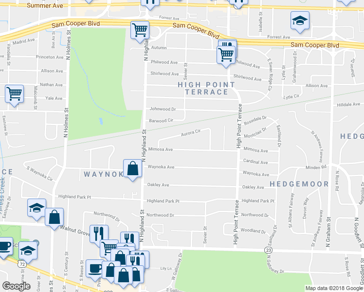 map of restaurants, bars, coffee shops, grocery stores, and more near 3598 Mimosa Avenue in Memphis