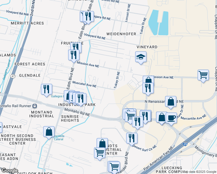 map of restaurants, bars, coffee shops, grocery stores, and more near 579 Muscatel Avenue Northeast in Albuquerque