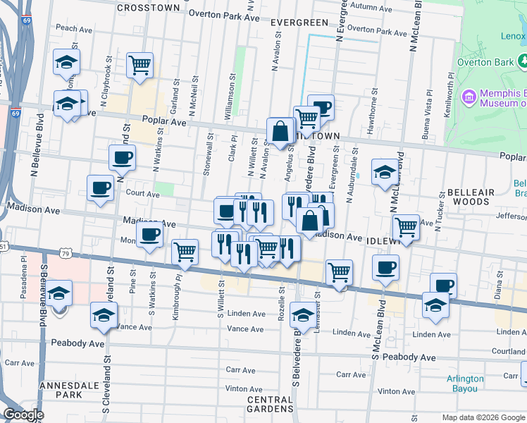 map of restaurants, bars, coffee shops, grocery stores, and more near 1620 Madison Avenue in Memphis