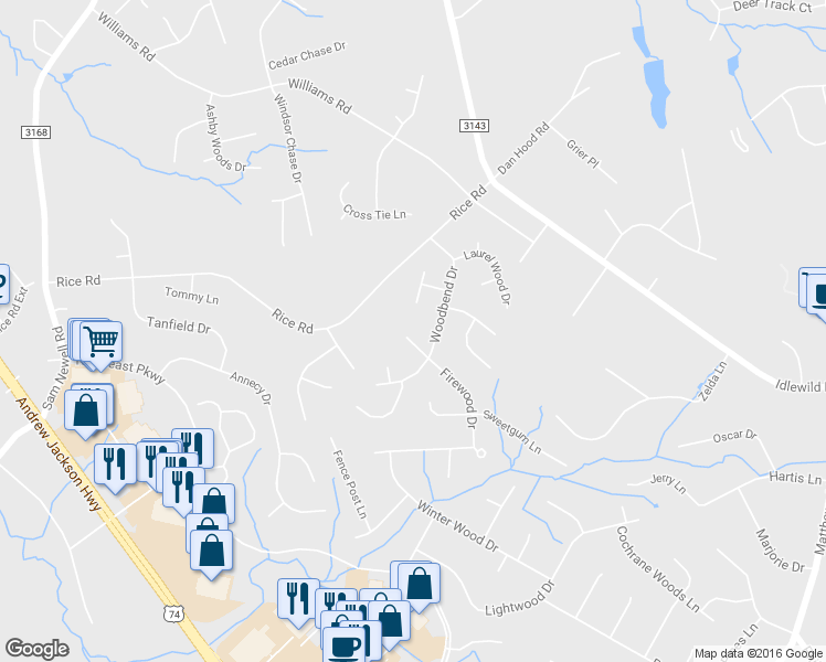 map of restaurants, bars, coffee shops, grocery stores, and more near 2805 Firewood Drive in Matthews