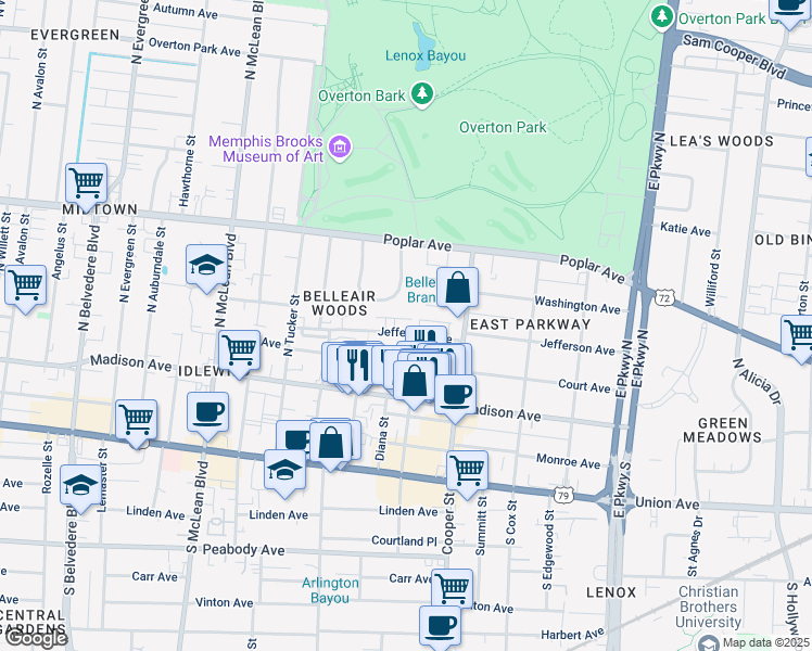 map of restaurants, bars, coffee shops, grocery stores, and more near 2068 Jefferson Avenue in Memphis