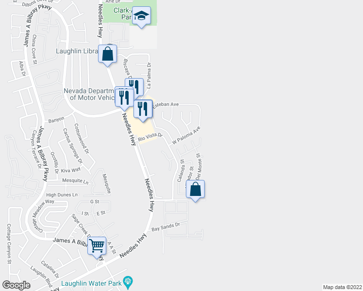 map of restaurants, bars, coffee shops, grocery stores, and more near 3175 Arroya Court in Laughlin