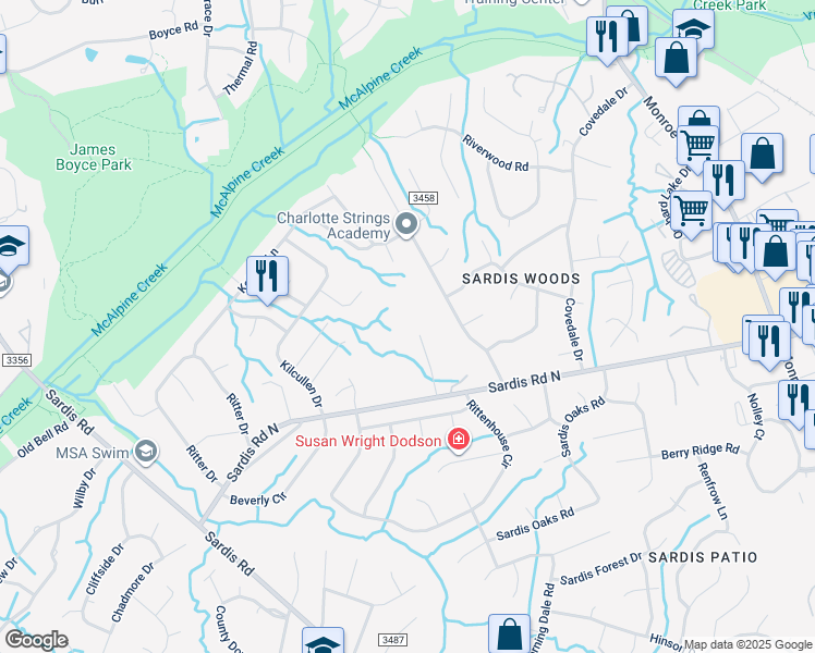 map of restaurants, bars, coffee shops, grocery stores, and more near 727 Sardis Road North in Charlotte