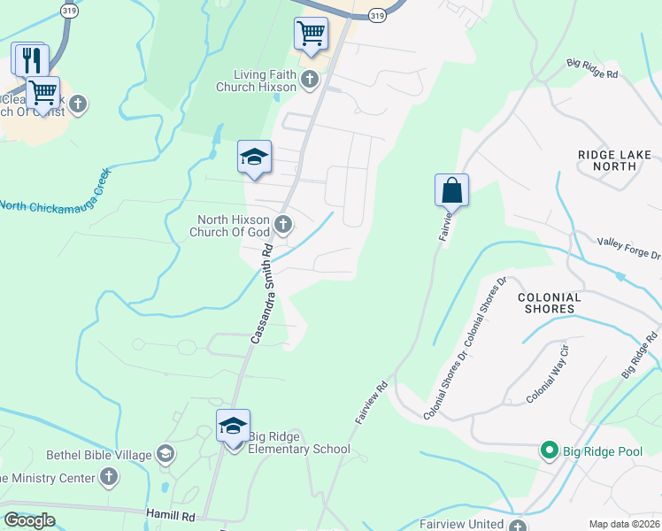 map of restaurants, bars, coffee shops, grocery stores, and more near 6101 Amber Forest Trail in Chattanooga