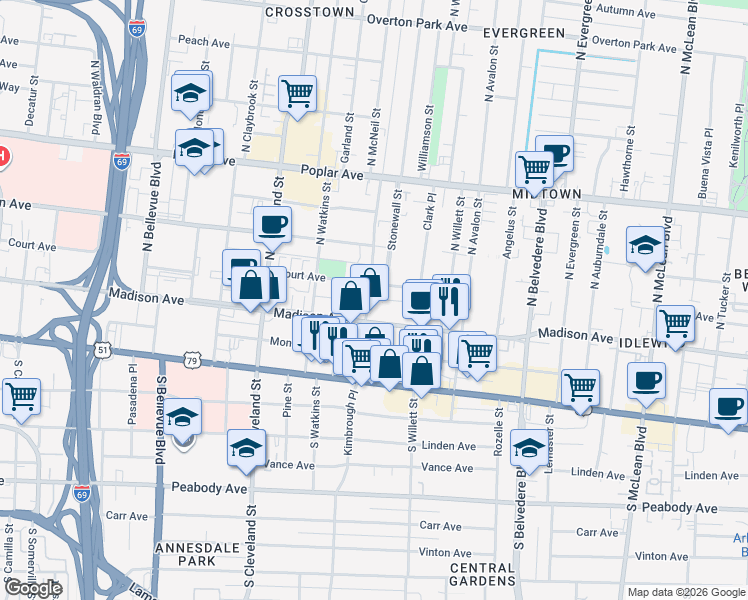 map of restaurants, bars, coffee shops, grocery stores, and more near 28 North McNeil Street in Memphis