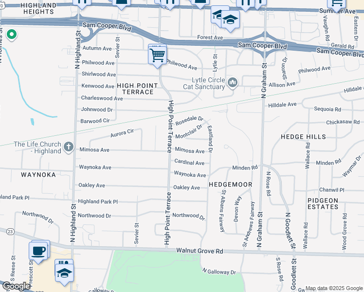 map of restaurants, bars, coffee shops, grocery stores, and more near 3780 Mimosa Avenue in Memphis
