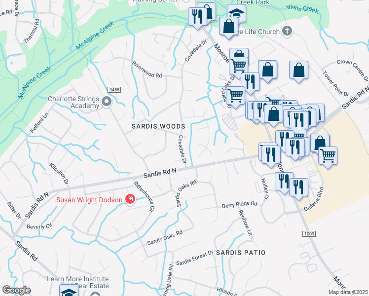 map of restaurants, bars, coffee shops, grocery stores, and more near 9629 Covedale Drive in Charlotte