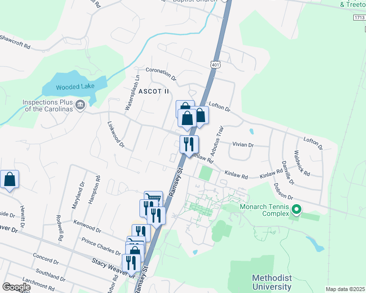 map of restaurants, bars, coffee shops, grocery stores, and more near 104 Aloha Drive in Fayetteville