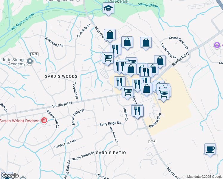 map of restaurants, bars, coffee shops, grocery stores, and more near 1345 Maple Shade Lane in Charlotte