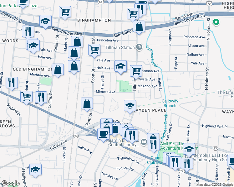 map of restaurants, bars, coffee shops, grocery stores, and more near 2923 Mimosa Avenue in Memphis