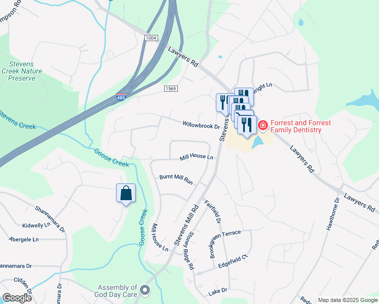 map of restaurants, bars, coffee shops, grocery stores, and more near 2356 Mill House Lane in Matthews