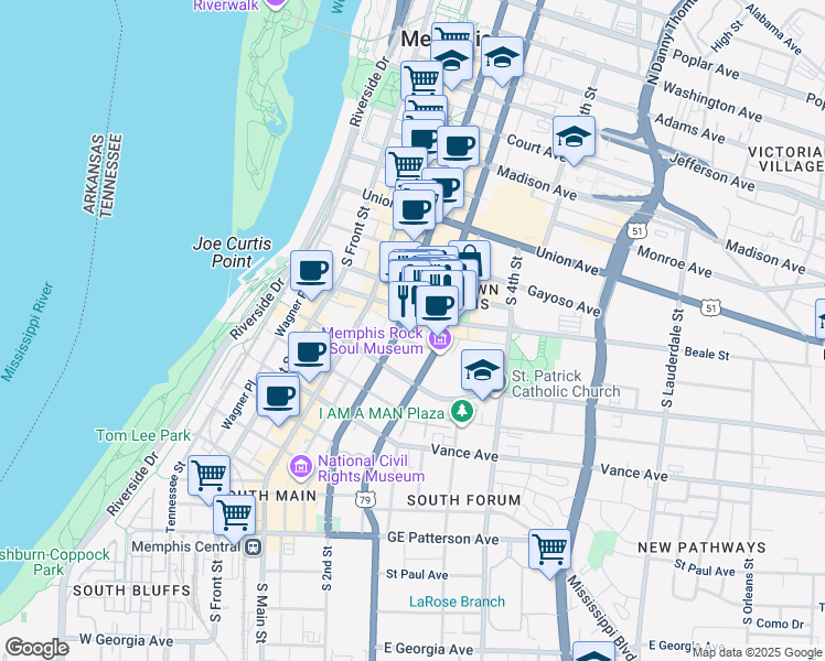 map of restaurants, bars, coffee shops, grocery stores, and more near 200 South 2nd Street in Memphis