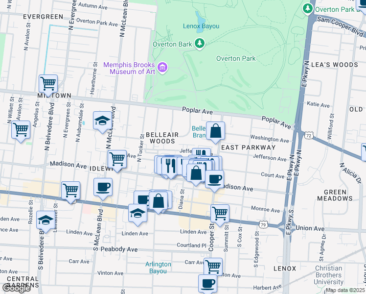 map of restaurants, bars, coffee shops, grocery stores, and more near 2040 Jefferson Avenue in Memphis