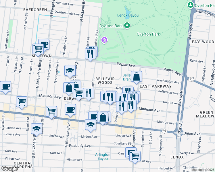 map of restaurants, bars, coffee shops, grocery stores, and more near 1998 Jefferson Avenue in Memphis