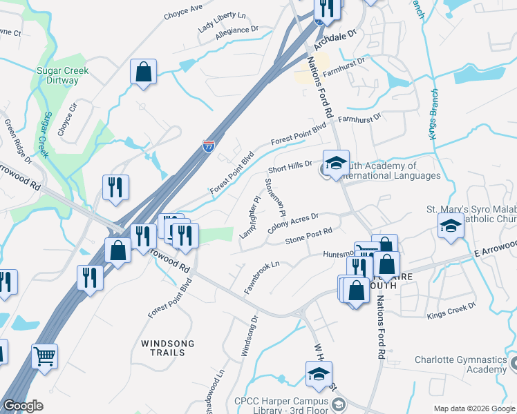 map of restaurants, bars, coffee shops, grocery stores, and more near in Charlotte