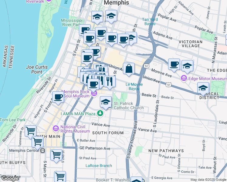 map of restaurants, bars, coffee shops, grocery stores, and more near in Memphis