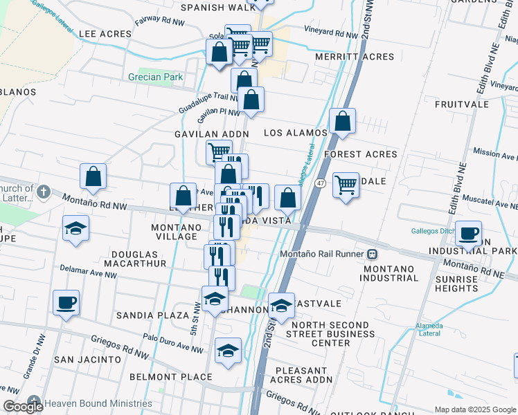 map of restaurants, bars, coffee shops, grocery stores, and more near 223 Montaño Road Northwest in Albuquerque