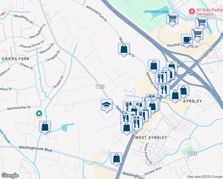 map of restaurants, bars, coffee shops, grocery stores, and more near 9024 Blueshot Court in Charlotte