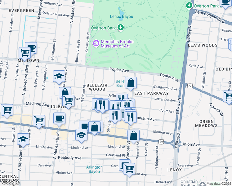 map of restaurants, bars, coffee shops, grocery stores, and more near 2059 Jefferson Avenue in Memphis