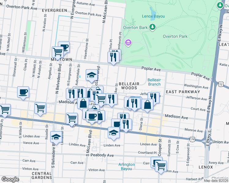 map of restaurants, bars, coffee shops, grocery stores, and more near 57 North Tucker Street in Memphis