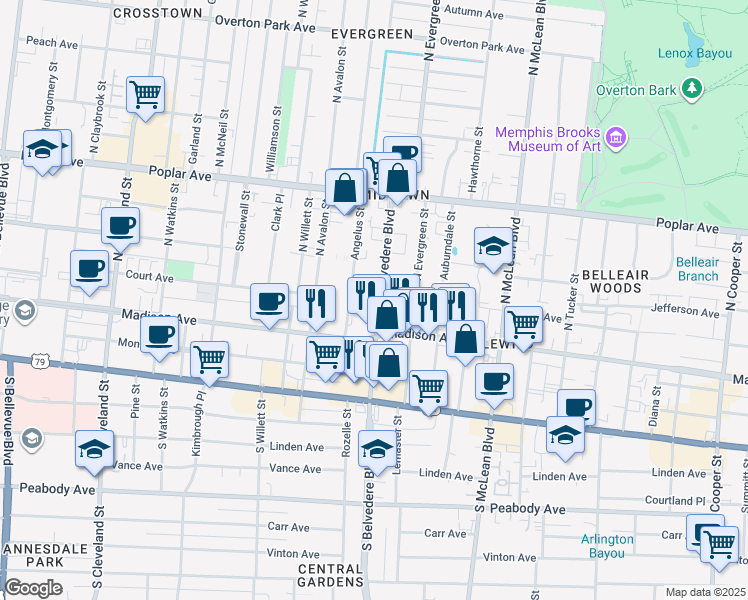map of restaurants, bars, coffee shops, grocery stores, and more near 44 North Belvedere Boulevard in Memphis