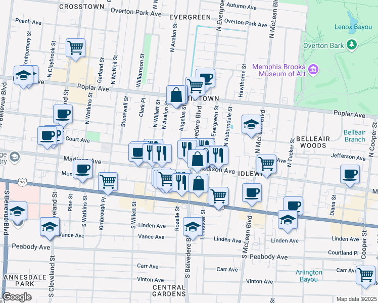 map of restaurants, bars, coffee shops, grocery stores, and more near 38 Angelus Street in Memphis