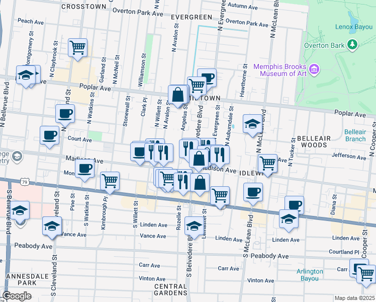 map of restaurants, bars, coffee shops, grocery stores, and more near 38 Angelus Street in Memphis