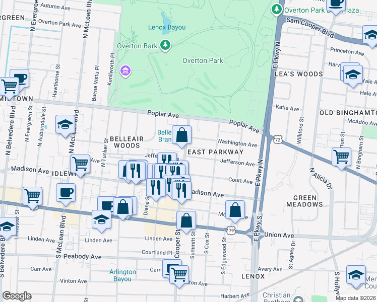 map of restaurants, bars, coffee shops, grocery stores, and more near 100 North Cooper Street in Memphis
