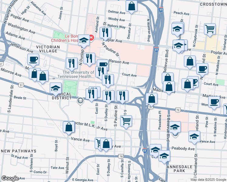 map of restaurants, bars, coffee shops, grocery stores, and more near 23 South Pauline Street in Memphis