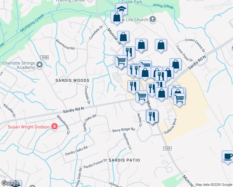 map of restaurants, bars, coffee shops, grocery stores, and more near 1230 Maple Shade Lane in Charlotte