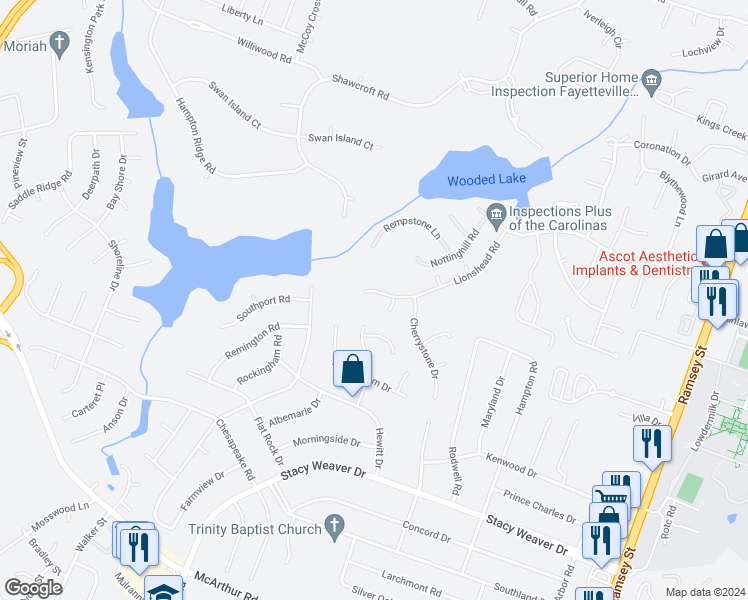 map of restaurants, bars, coffee shops, grocery stores, and more near 517 Lionshead Road in Fayetteville
